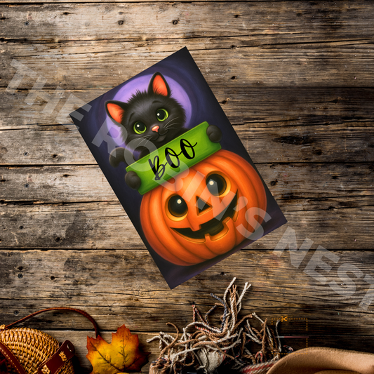 Black Cat on Jack-O’-Lantern with “Boo” – Personalizeable Printed Fine Art Canvas for DIY Crafting, Halloween Décor & Craft Shows