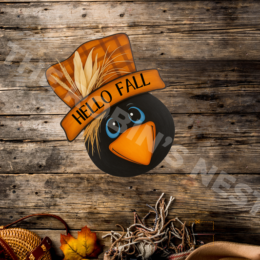 Crow with Scarecrow Hat – Hello Fall – Personalizeable Printed Fine Art Canvas for DIY Crafting, Autumn Décor & Craft Shows