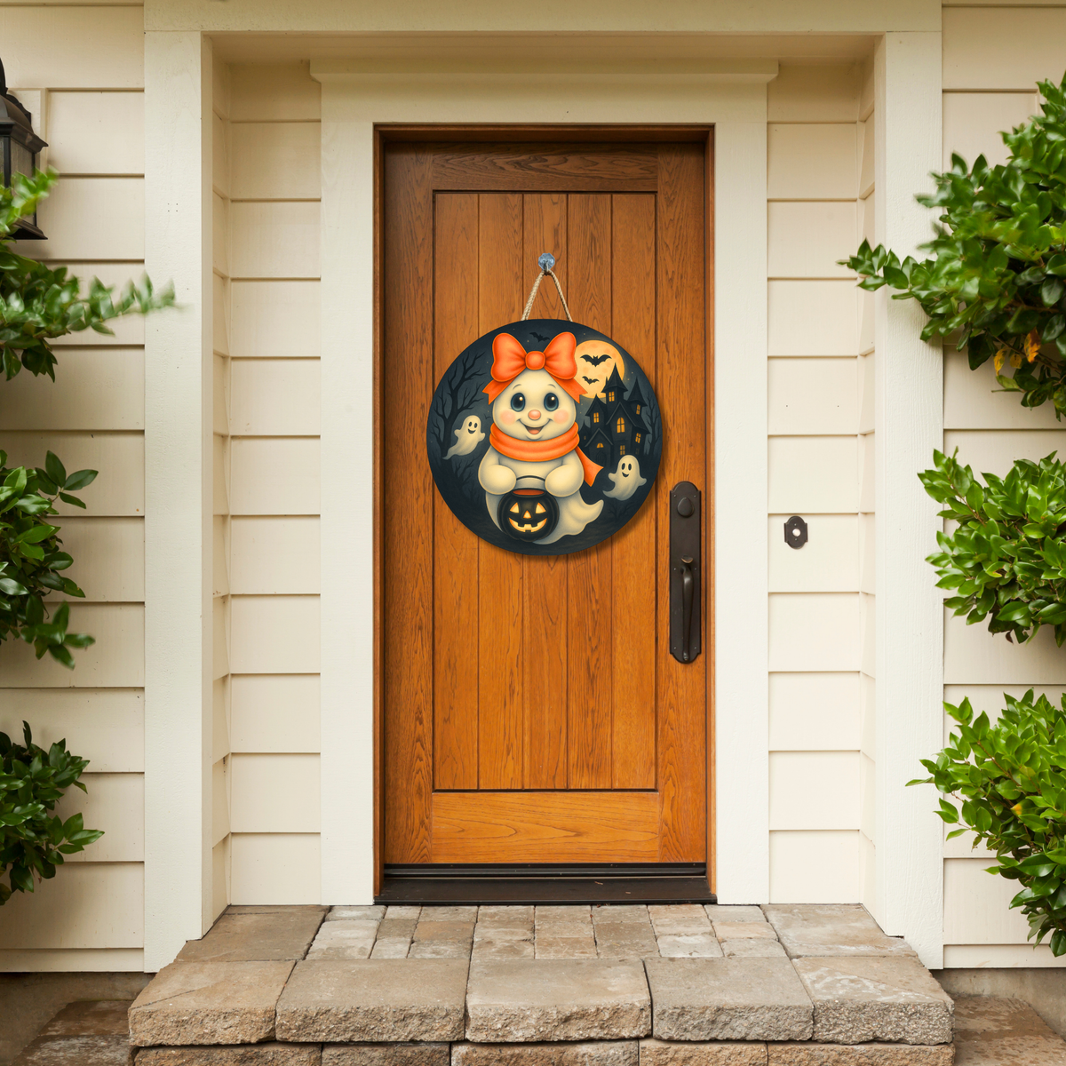 Rosie the Boo-tiful Bow Ghost Sign on Circle – Printed Fine Art Canvas for DIY Crafting, Halloween Décor & Craft Shows