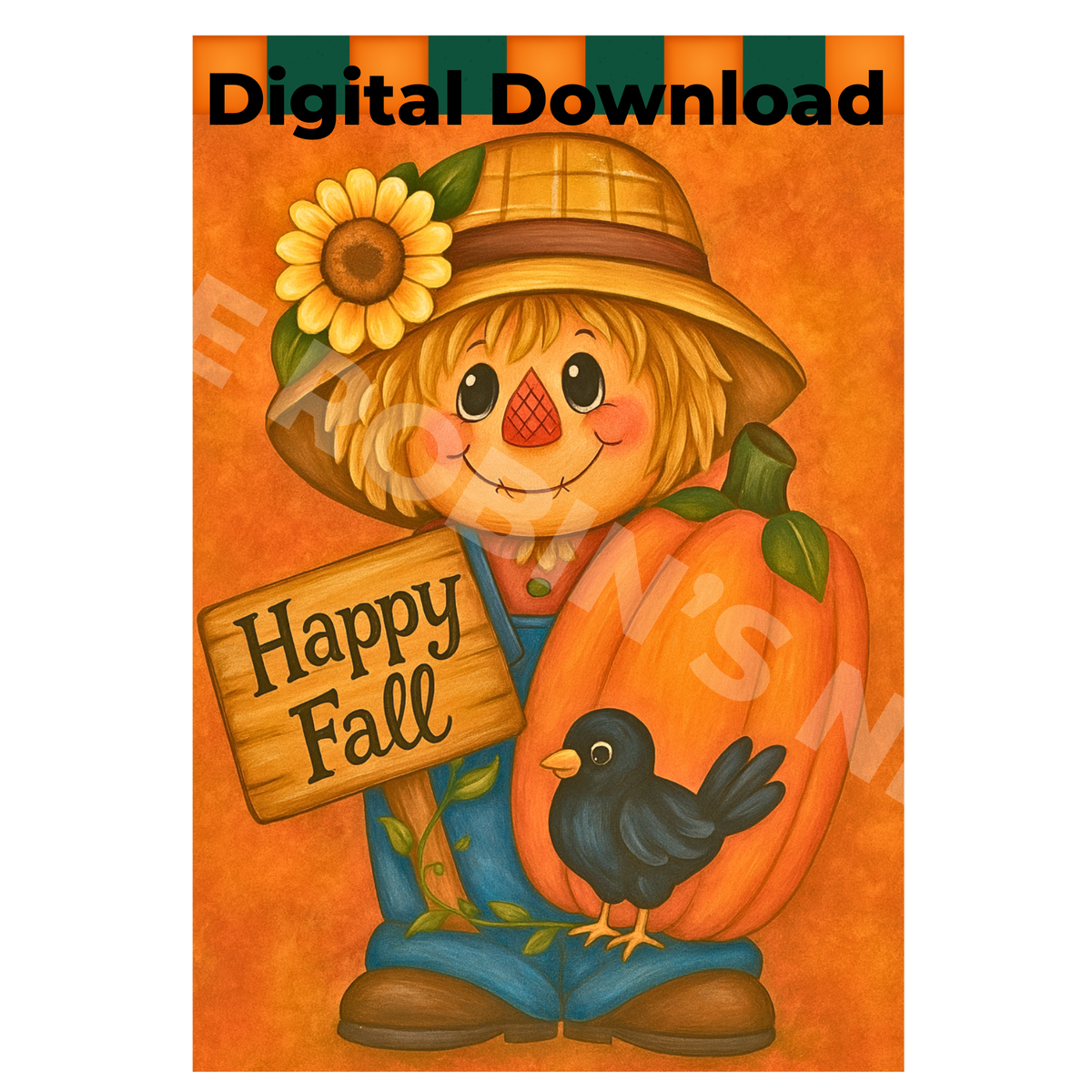 “Happy Fall” Scarecrow Printable Design – Orange Background | PDF & PNG