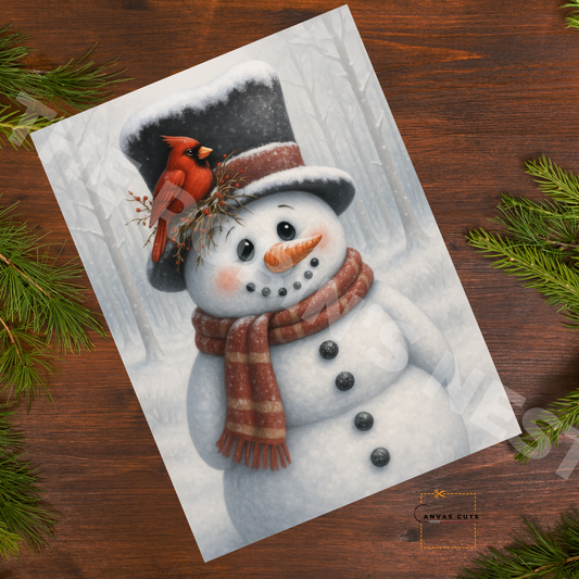 Traditional Snowman with Cardinal on Hat • Canvas Cut for Rustic Holiday Décor
