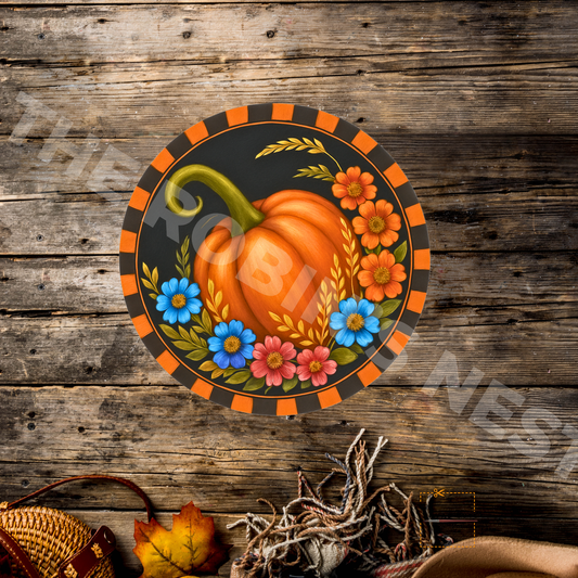 Pumpkin with Blue & Orange Flowers – Fall Craft Canvas with Orange & Black Border for Door Hangers & Signs