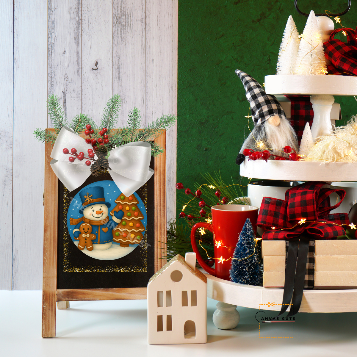 Snowman with Gingerbread Tree & Friend – Christmas Crafting Canvas for Door Hangers, Signs & Wreaths