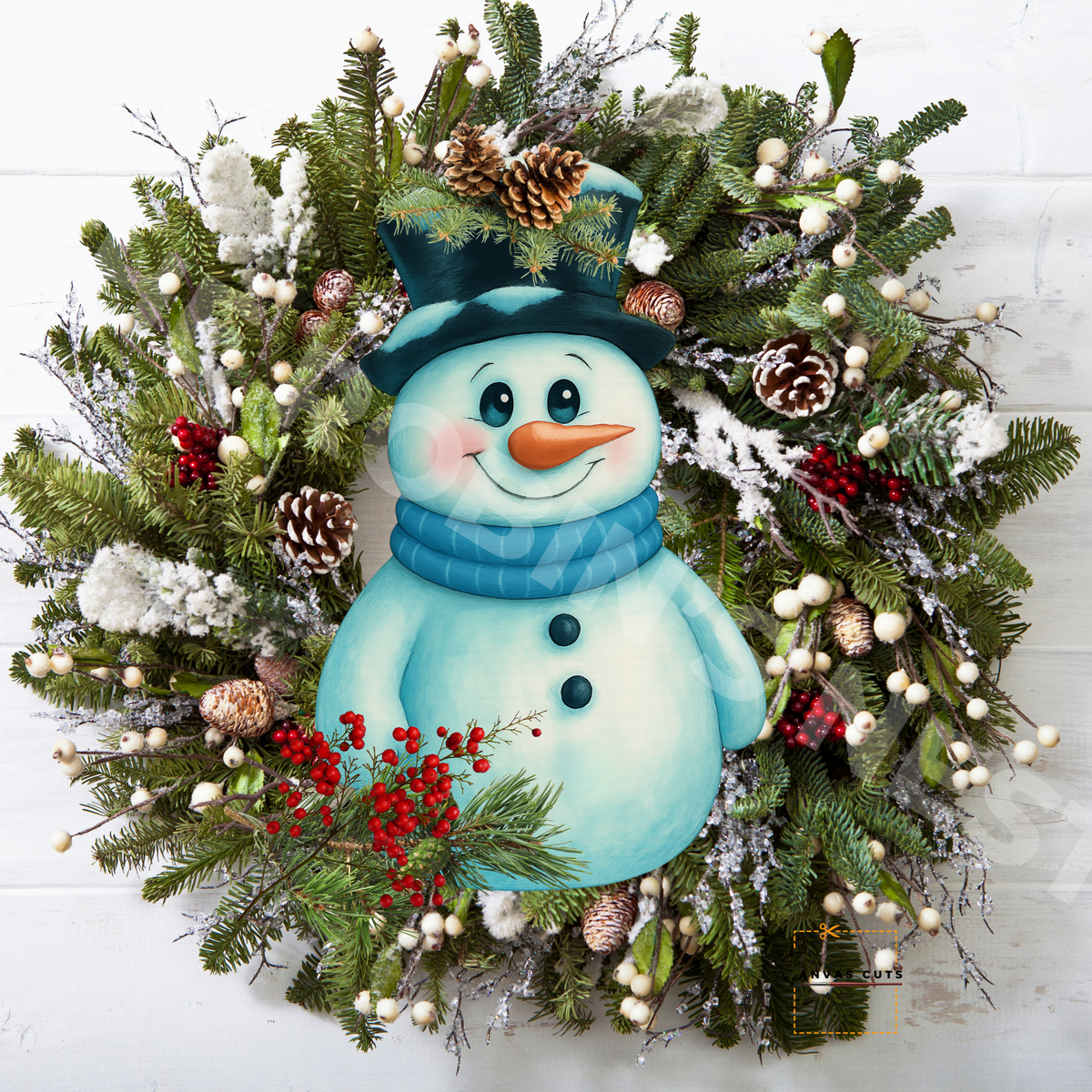 Buttons the Snowman with Blue Scarf Winter Christmas Fine Art Canvas