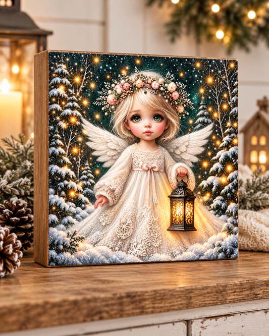 Winter Angel with Lantern - Fine Art Canvas Square Shape