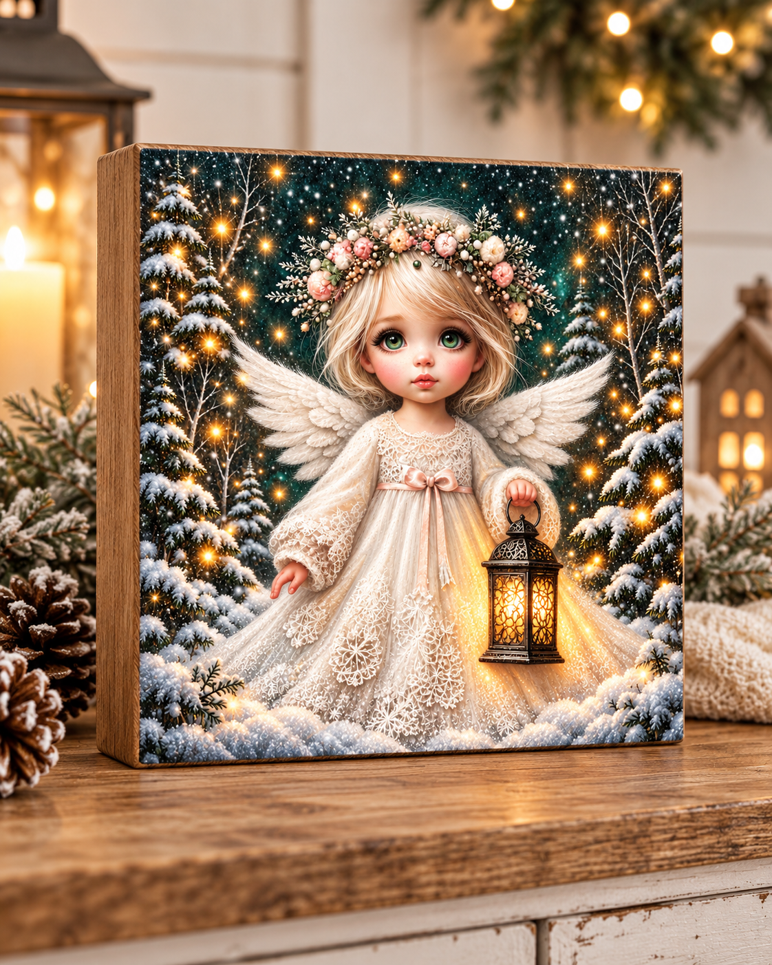 Winter Angel with Lantern - Fine Art Canvas Square Shape