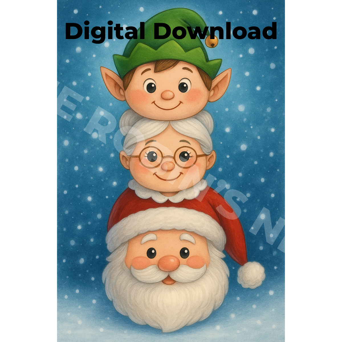 Stacked Heads Elf Mrs Claus Santa Printable PDF/PNG Download