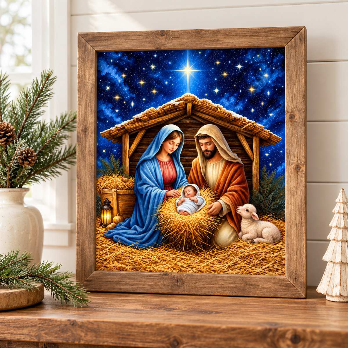 Blue Nativity Beneath the Bethlehem Star — Fine Art Canvas