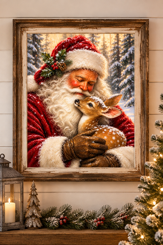 Santa Claus and Reindeer Christmas Print Fine Art Canvas for Framing