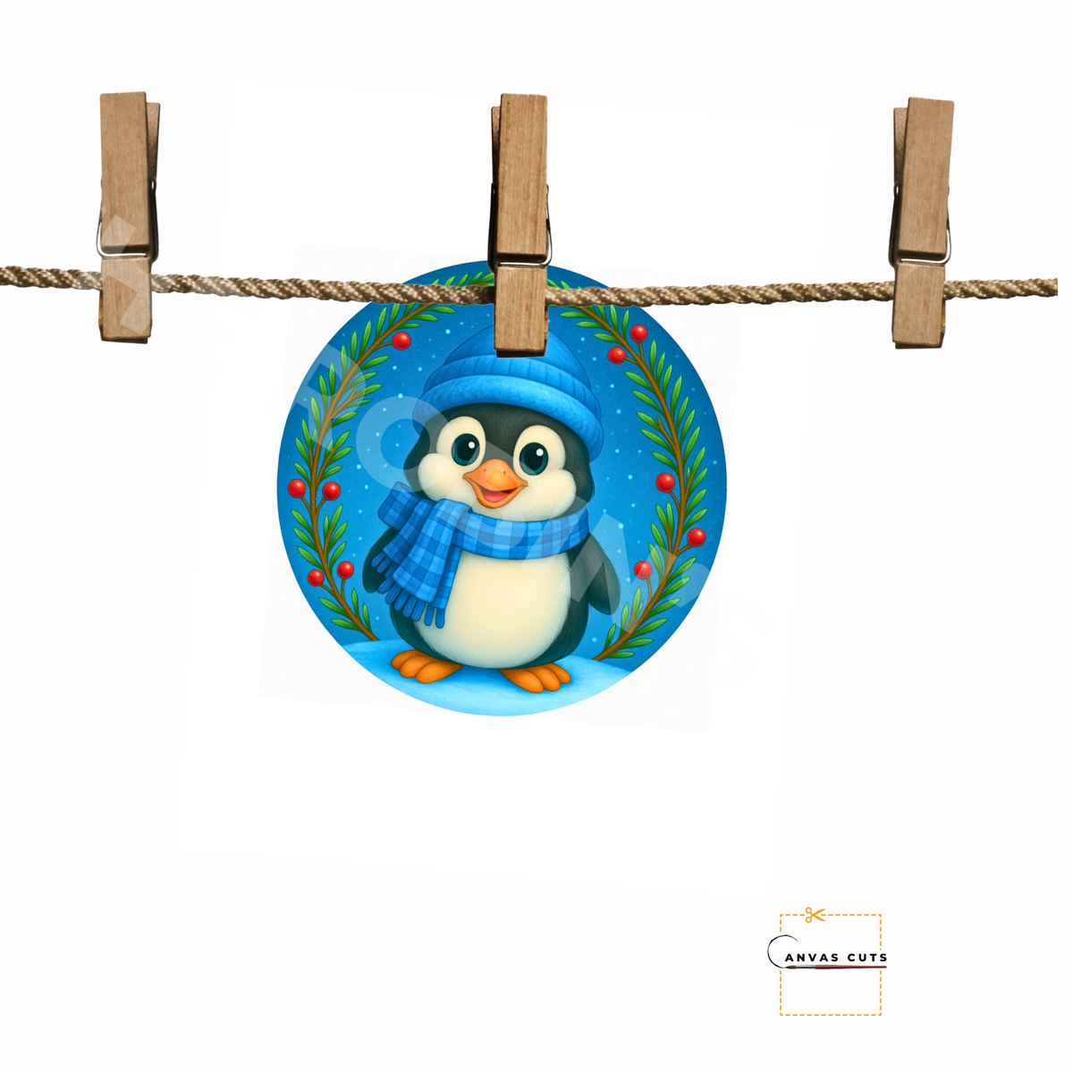 Penguin with Holly Berries – Christmas Craft Canvas for Door Hangers, Wreaths & Holiday Signs