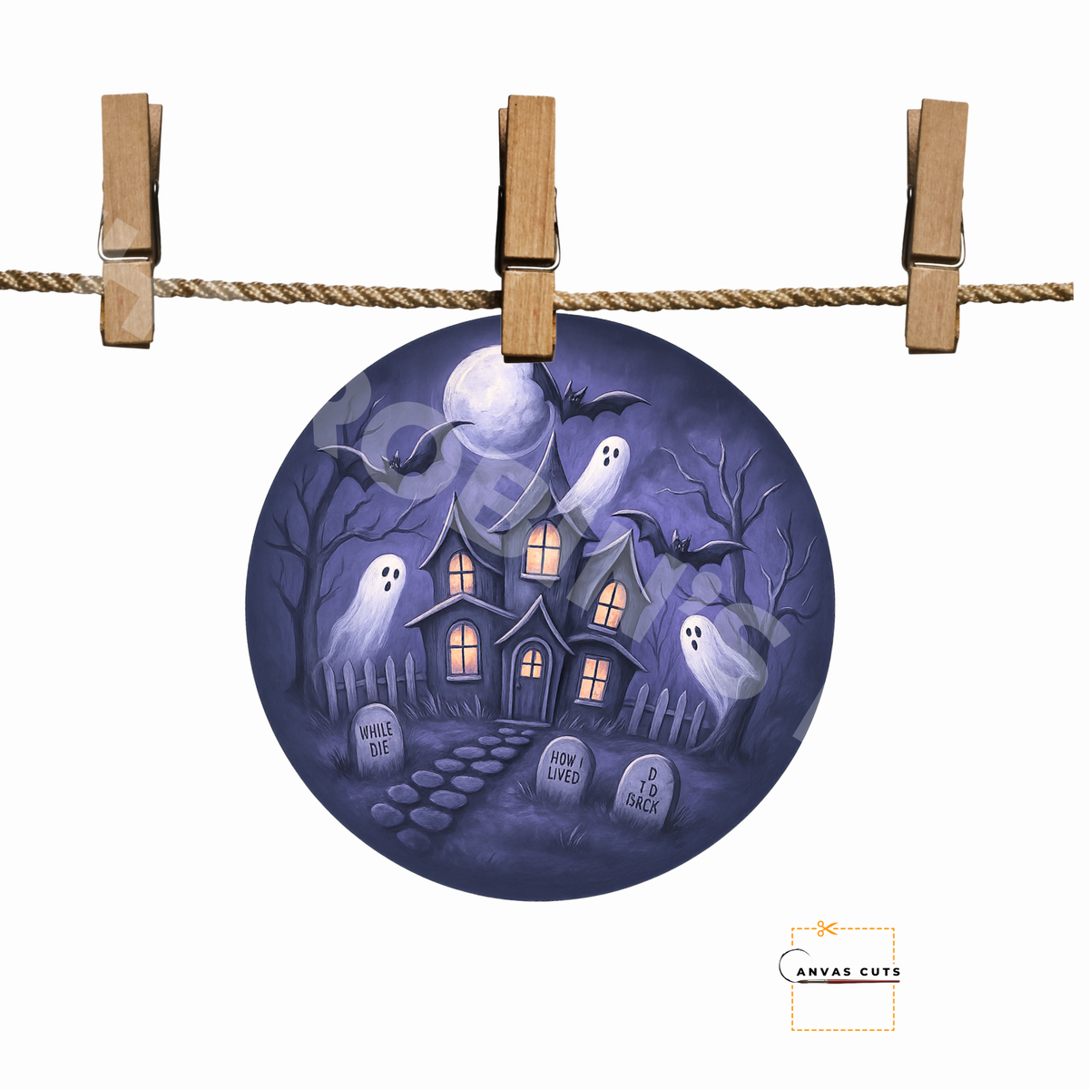 Haunted House on Circle – Personalizeable Printed Fine Art Canvas for DIY Crafting, Halloween Décor & Craft Shows