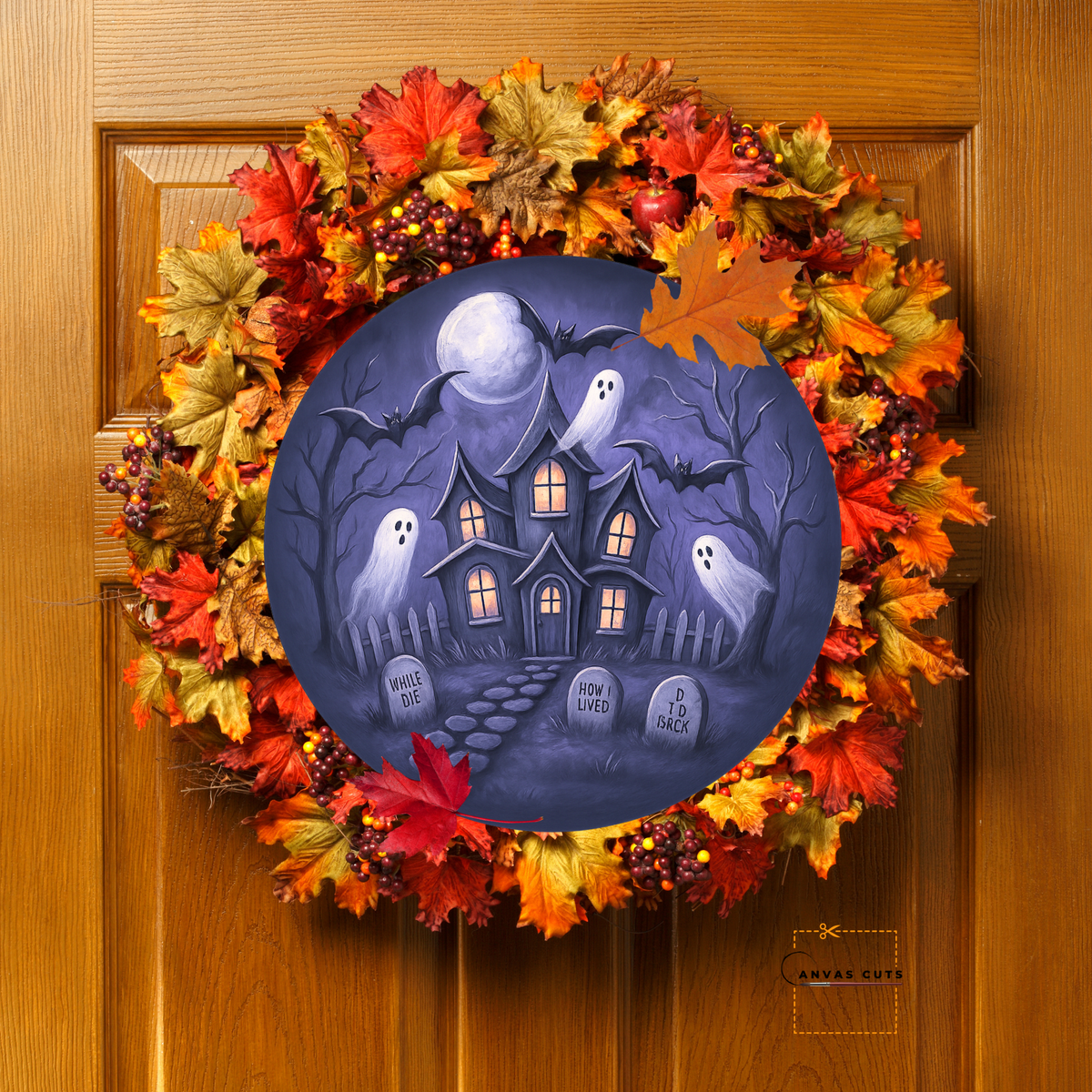 Haunted House on Circle – Personalizeable Printed Fine Art Canvas for DIY Crafting, Halloween Décor & Craft Shows