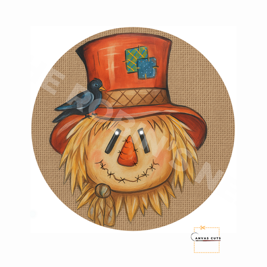 Scarecrow on Circle – Personalizeable Printed Fine Art Canvas for DIY Crafting, Fall Décor & Craft Shows
