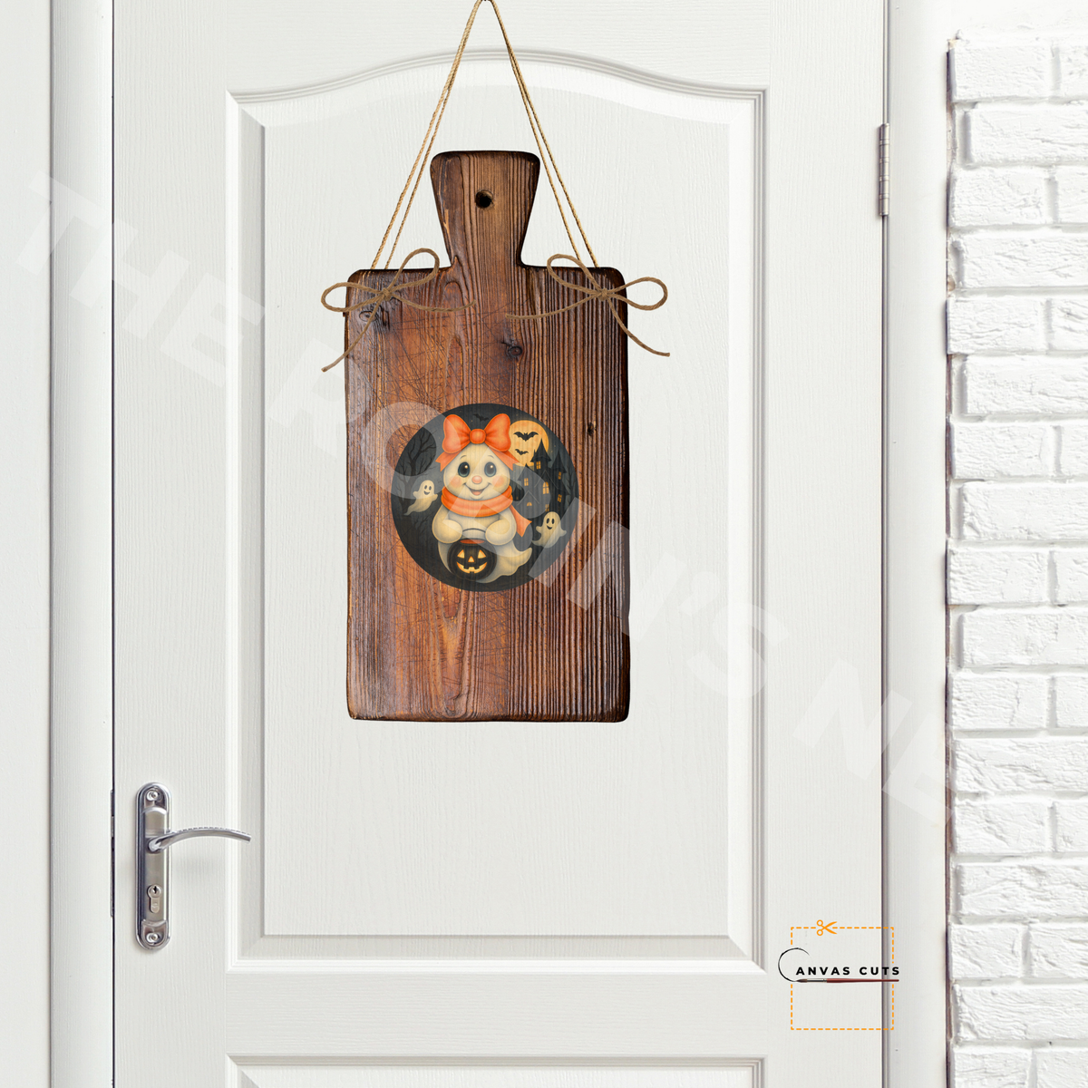 Rosie the Boo-tiful Bow Ghost Sign on Circle – Printed Fine Art Canvas for DIY Crafting, Halloween Décor & Craft Shows