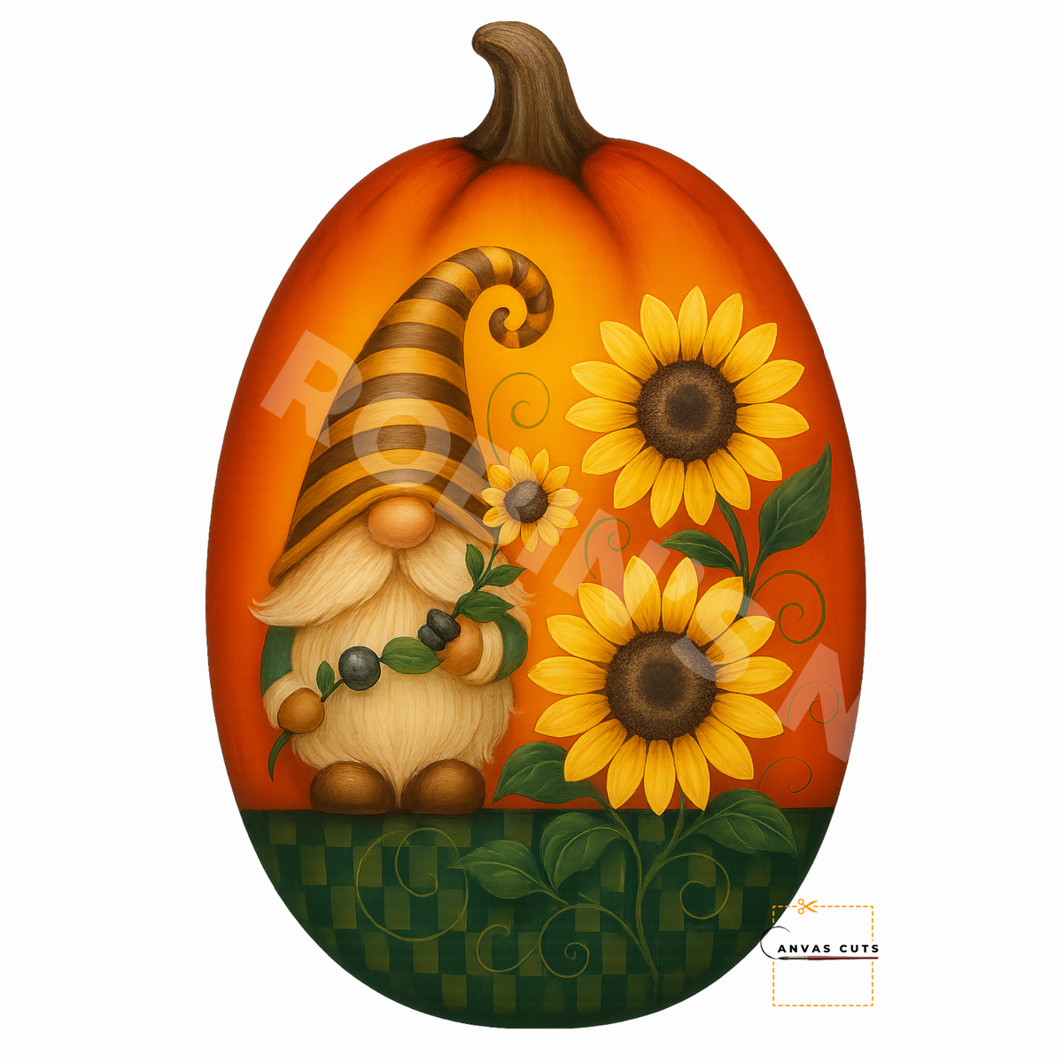 Fall Gnome with Sunflowers on a Gourd – Personalizeable Printed Fine Art Canvas for DIY Crafting, Autumn Décor & Craft Shows