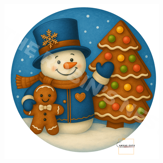 Snowman with Gingerbread Tree & Friend – Christmas Crafting Canvas for Door Hangers, Signs & Wreaths