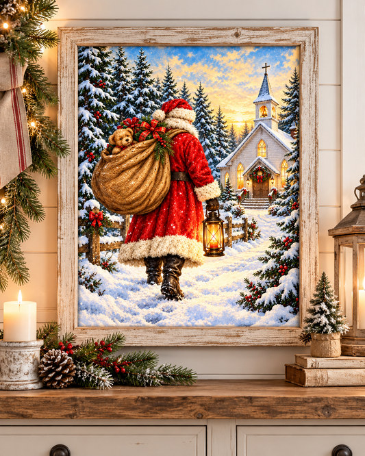 Santa Christmas Journey to Church - Fine Art Canvas - Santa Claus