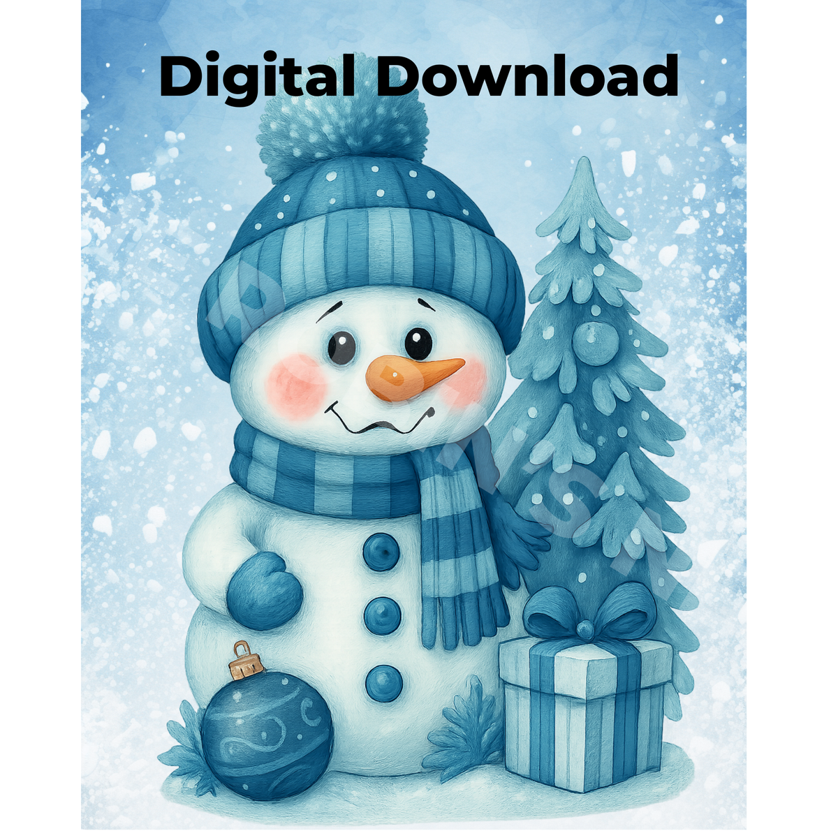 Blue Christmas Snowman & Christmas Tree Printable Design | Digital Download PDF & PNG