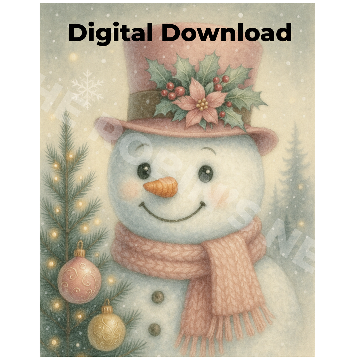 Pastel Snowman with Pink Top Hat Printable Design | Digital Download PDF & PNG