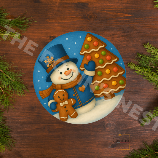 Snowman with Gingerbread Tree & Friend – Christmas Crafting Canvas for Door Hangers, Signs & Wreaths