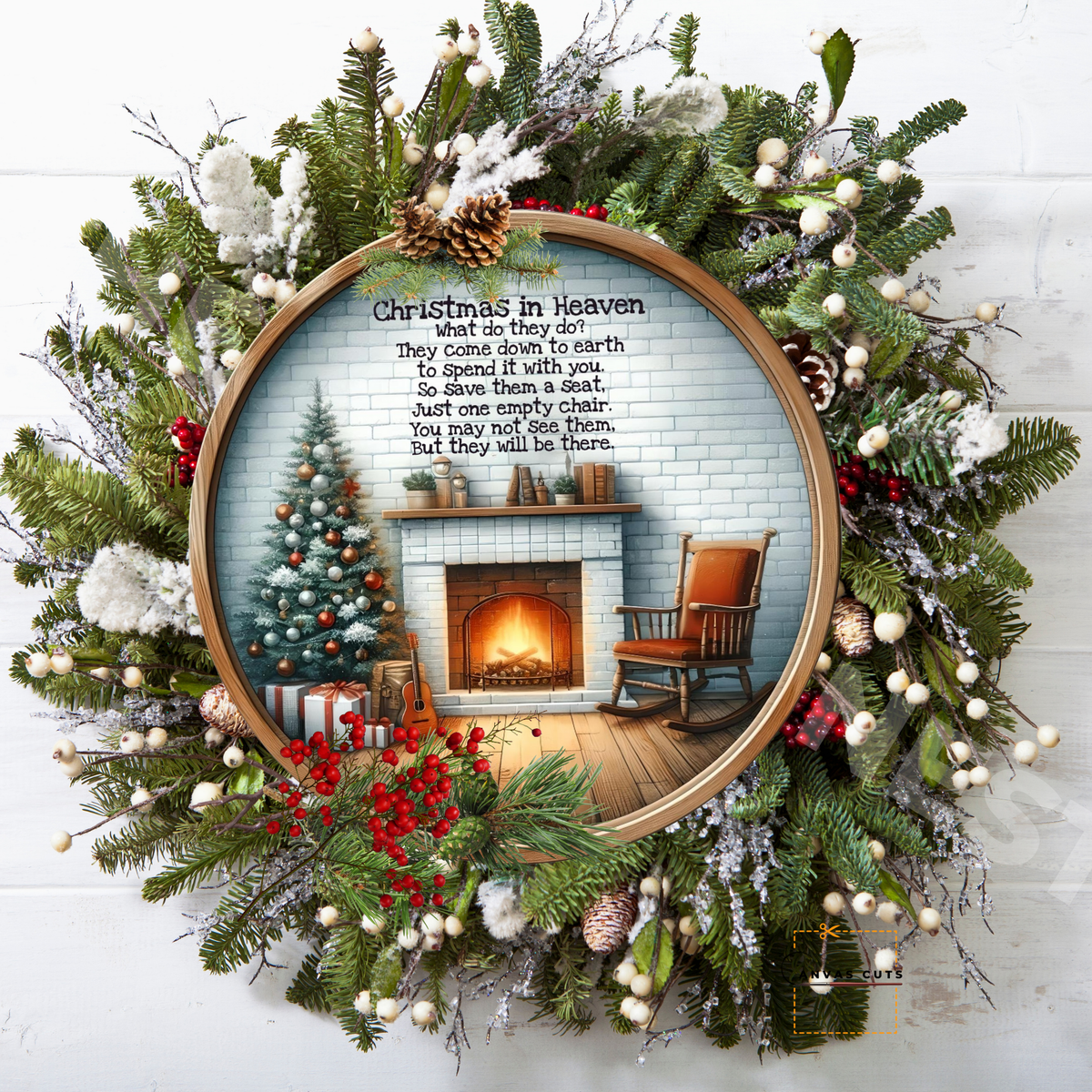 Christmas in Heaven Poem with Empty Rocking Chair by the Fire – Personalizeable Canvas Cut for DIY Crafting, Memorial Décor & Gifts