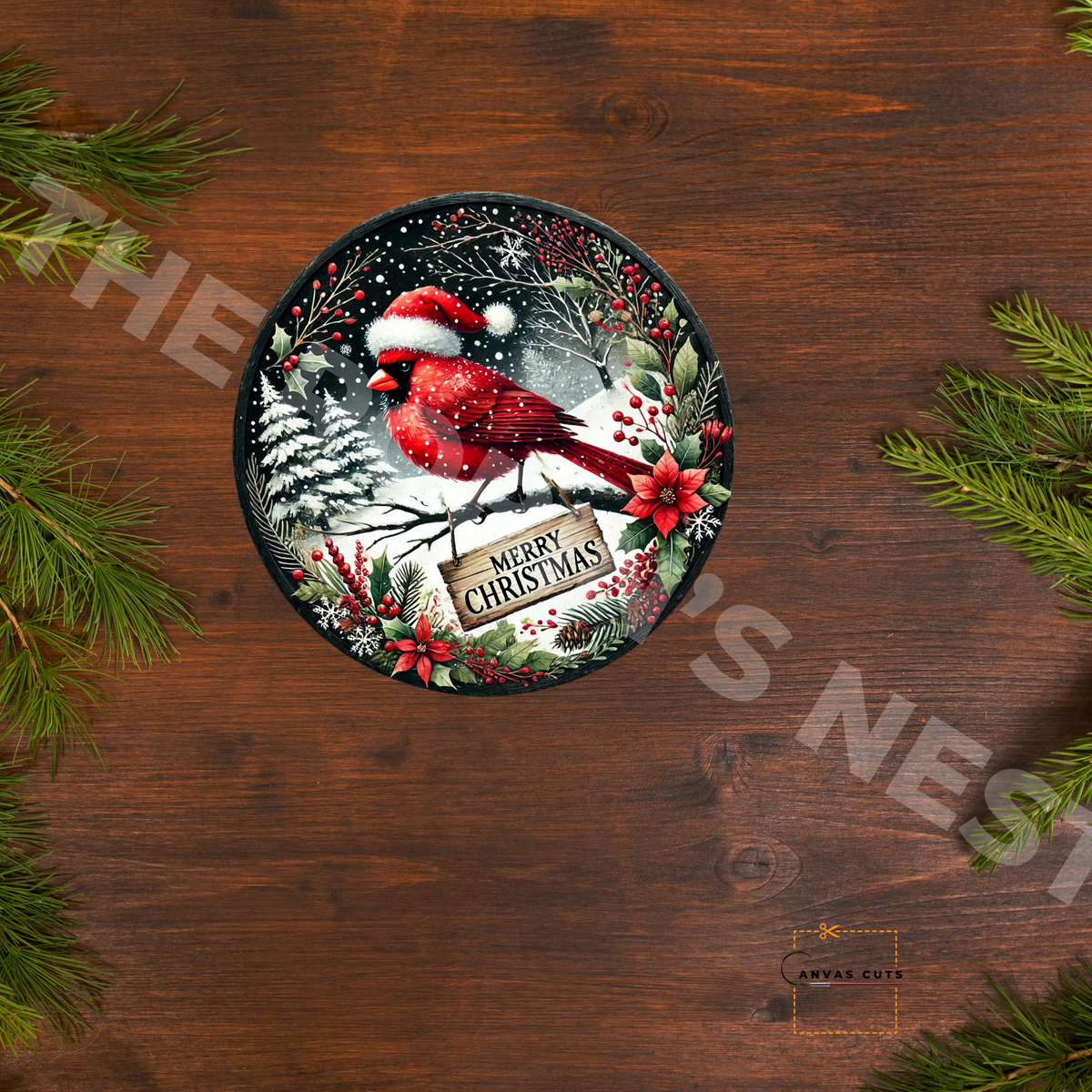 Circle Shape Red Cardinal in a Santa Hat with “Merry Christmas” Canvas Cut