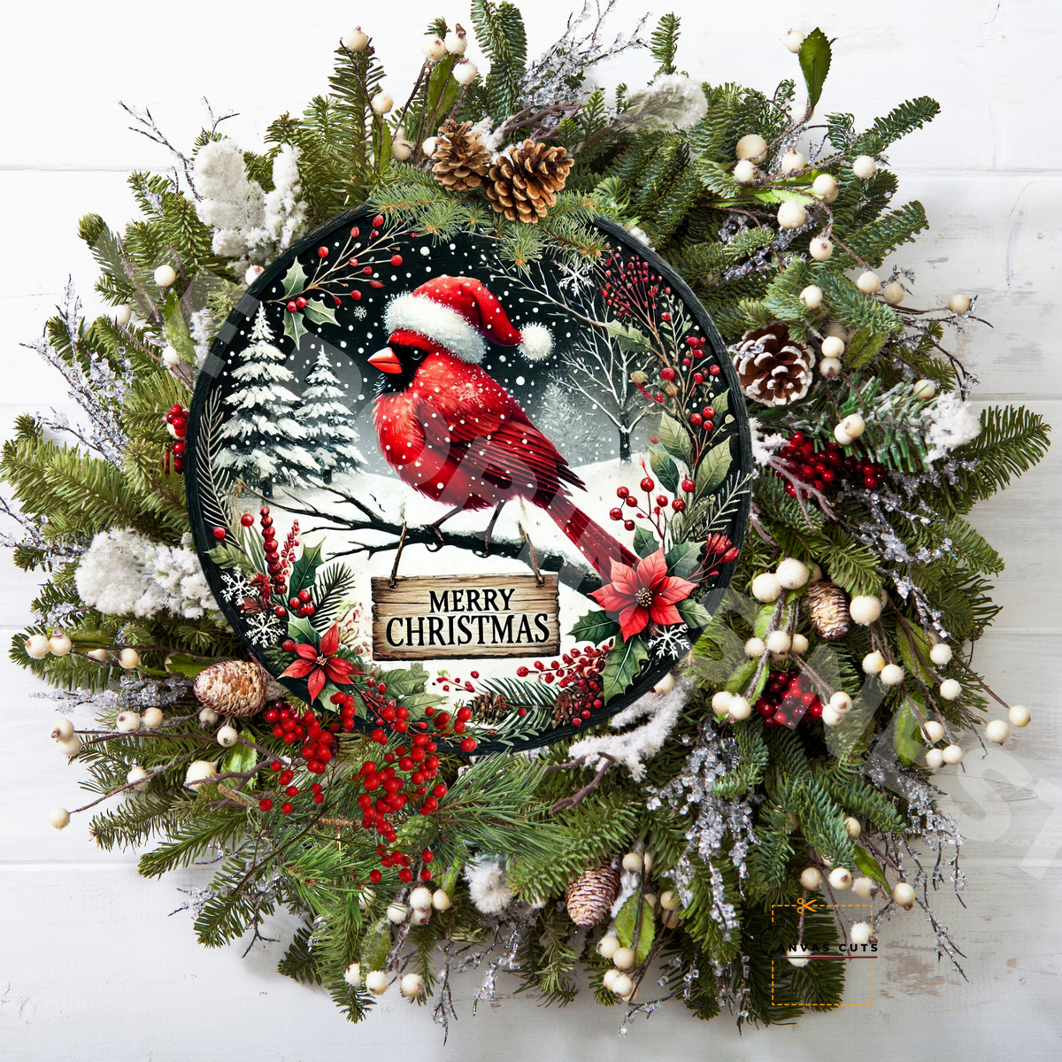 Circle Shape Red Cardinal in a Santa Hat with “Merry Christmas” Canvas Cut