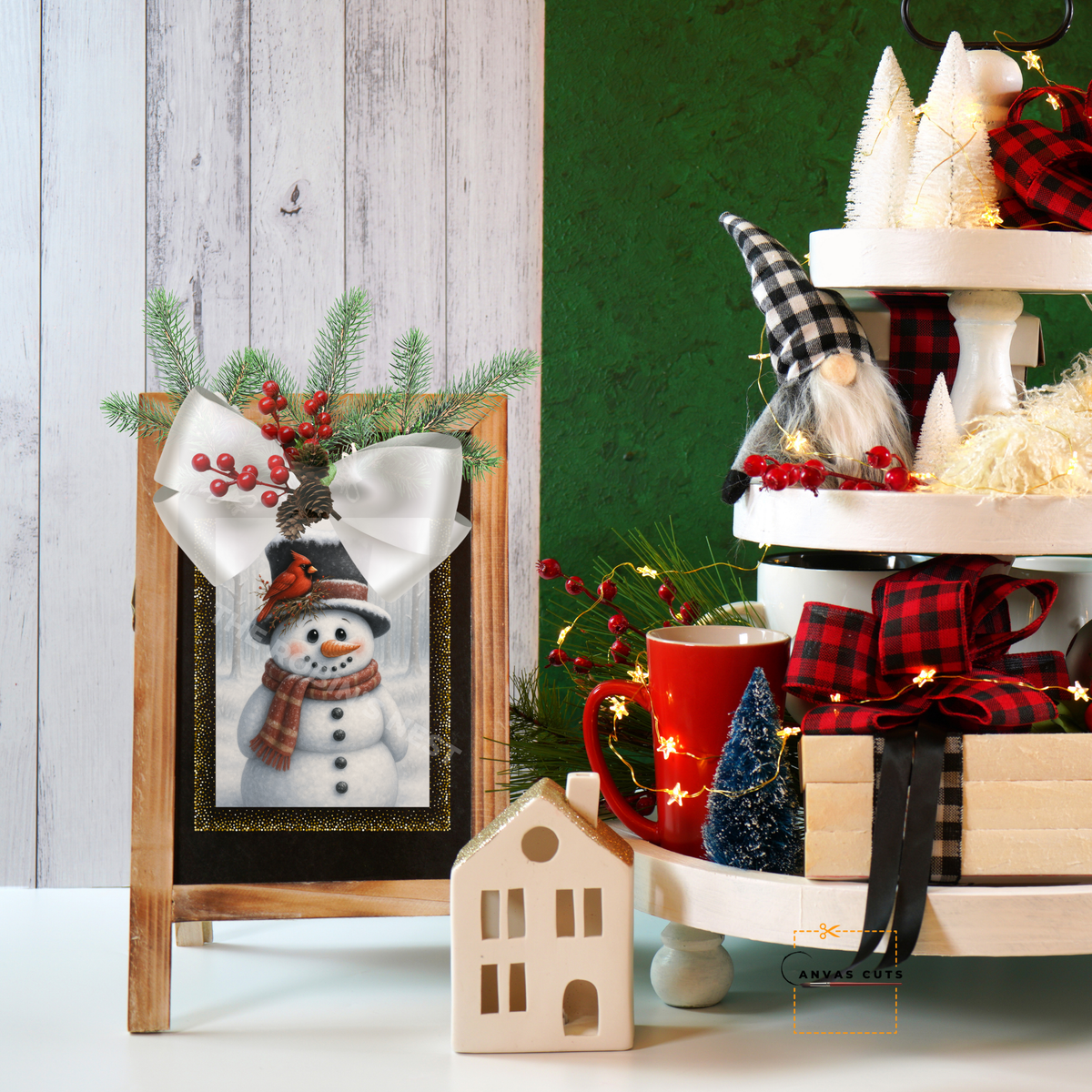 Traditional Snowman with Cardinal on Hat • Canvas Cut for Rustic Holiday Décor