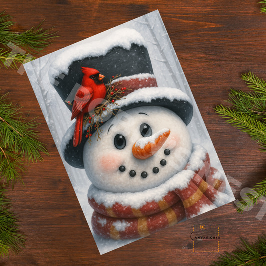 Traditional Snowman Face with Cardinal on Hat • Canvas Cut for Farmhouse Holiday Crafts