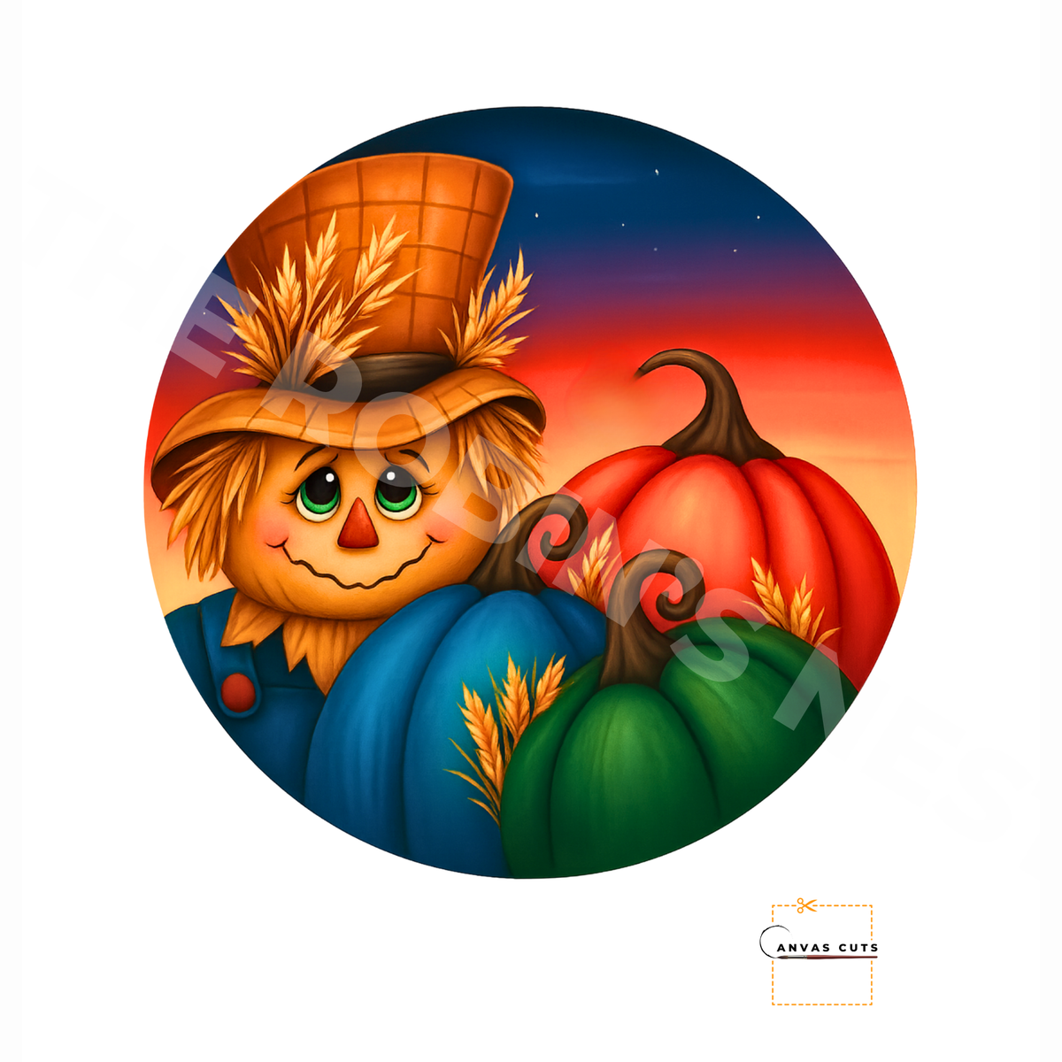 Scarecrow with Bright Pumpkins – Fall Craft Canvas for Door Hangers & Signs