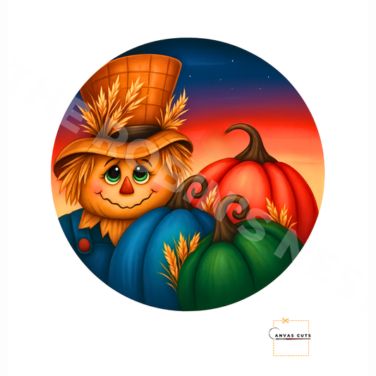 Scarecrow with Bright Pumpkins – Fall Craft Canvas for Door Hangers & Signs