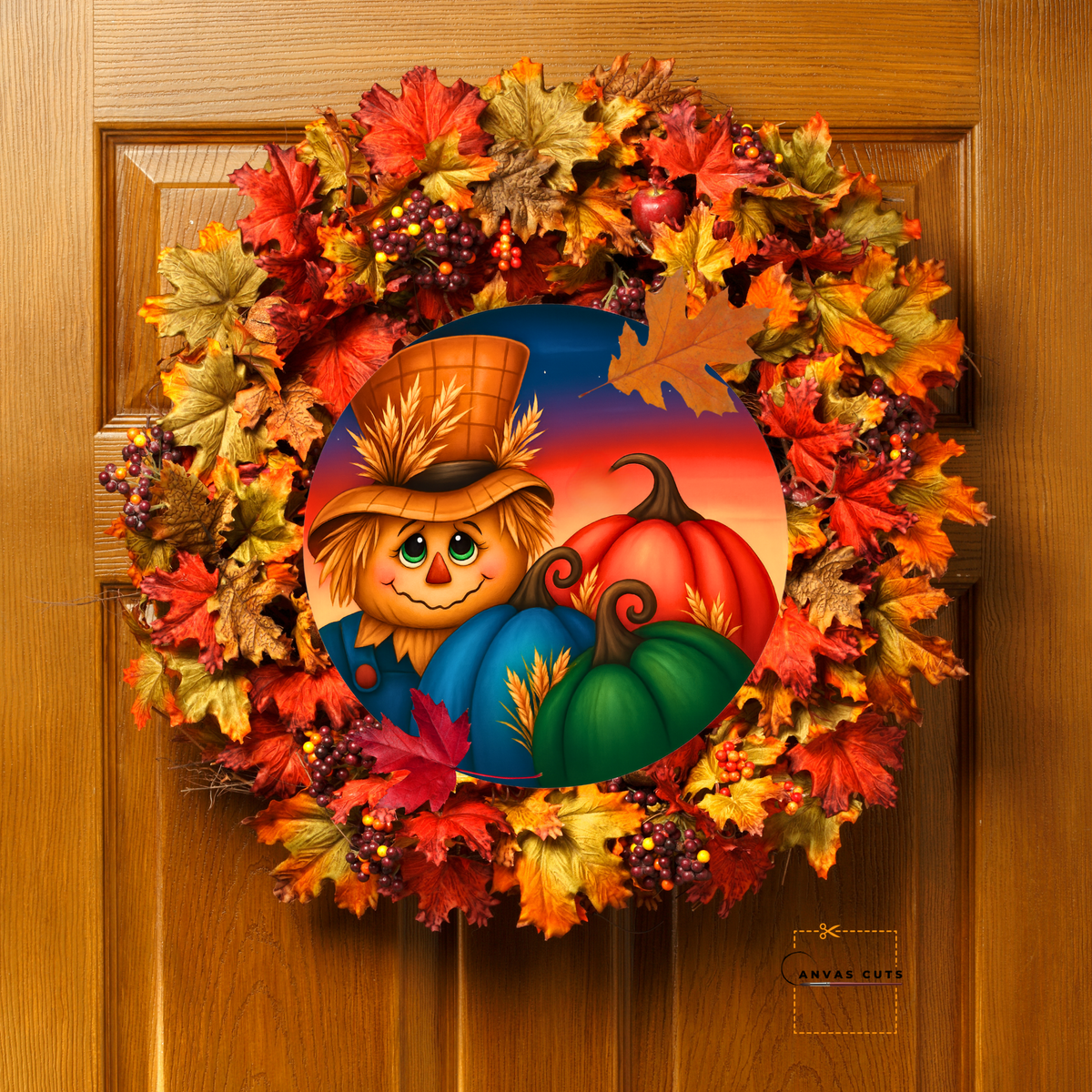 Scarecrow with Bright Pumpkins – Fall Craft Canvas for Door Hangers & Signs
