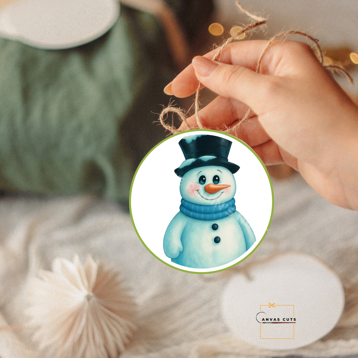 Buttons the Snowman with Blue Scarf Winter Christmas Fine Art Canvas
