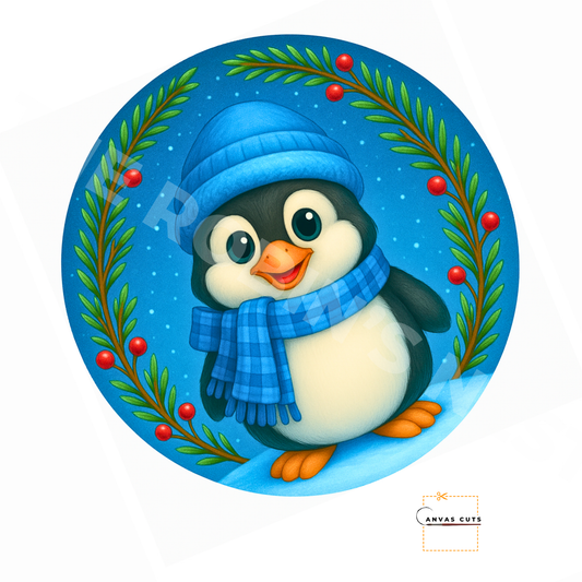 Penguin with Holly Berries – Christmas Craft Canvas for Door Hangers, Wreaths & Holiday Signs