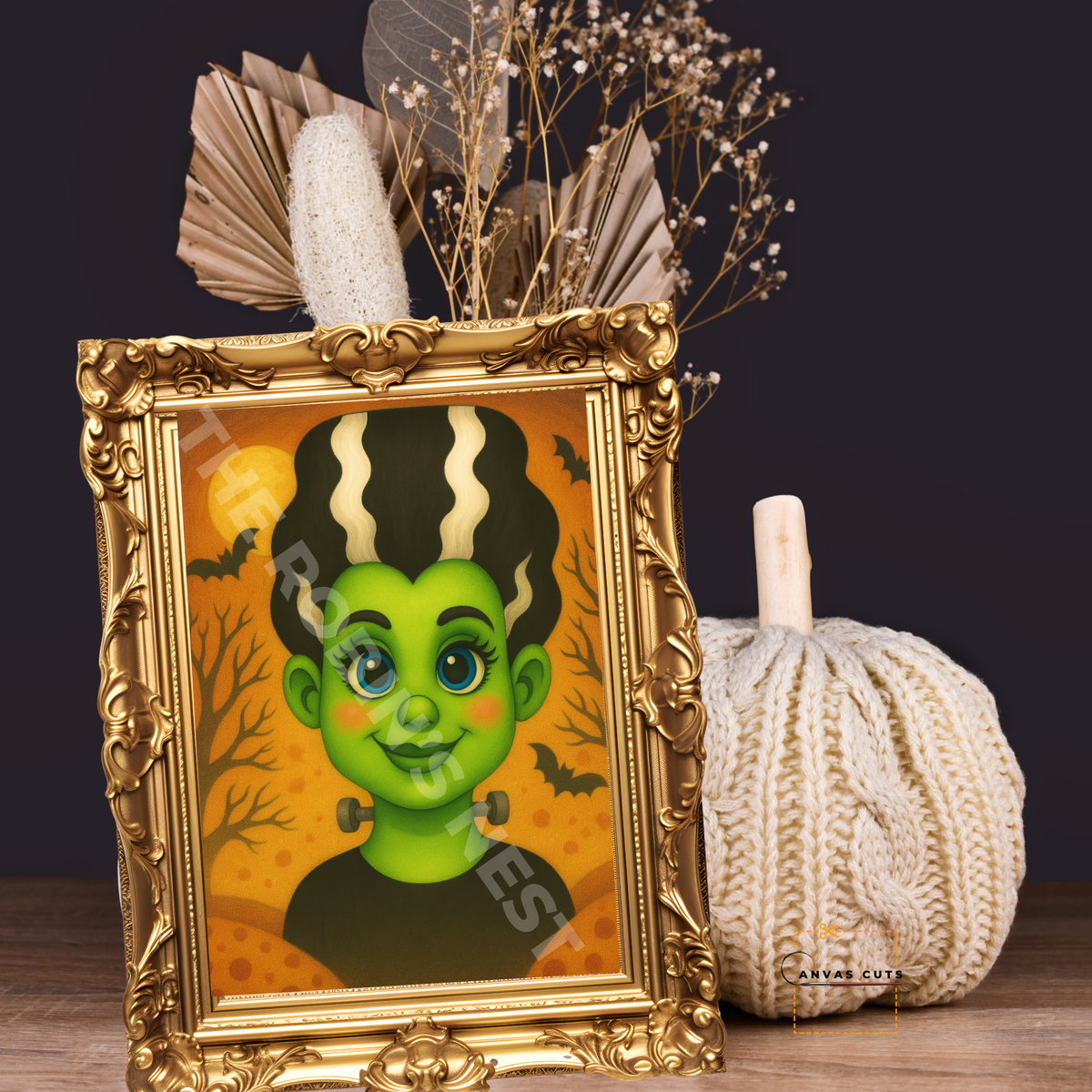Mrs. Frankenstein with Background – Halloween Craft Canvas for Door Hangers, Signs & Spooky Decor