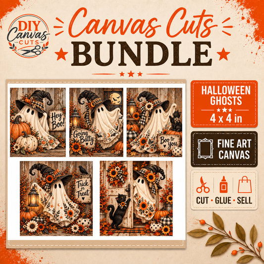 Halloween Floral Ghosts – Set of Five 4″ × 4″ DIY Canvas Prints