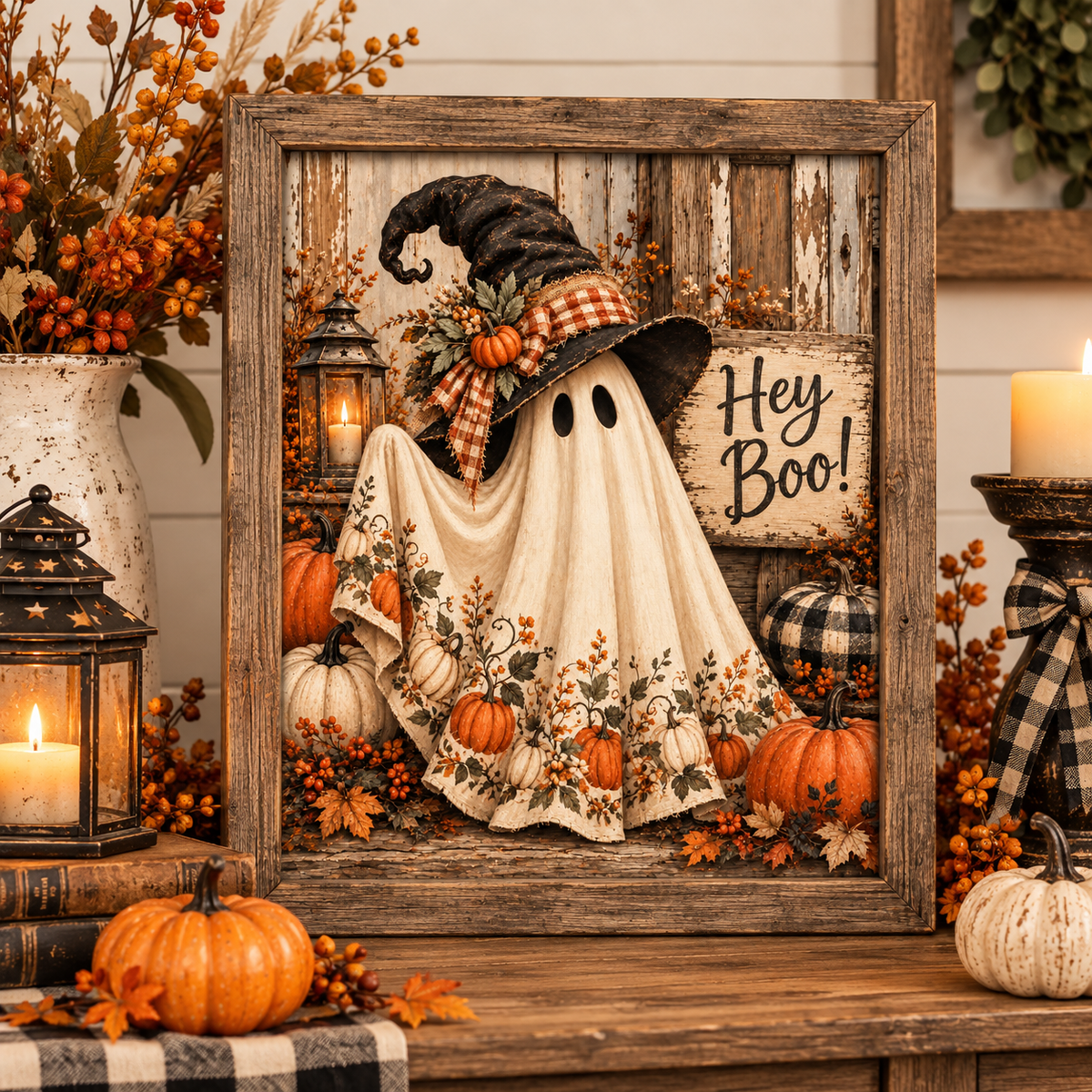 Hey Boo Halloween Ghost Primitive - Fine Art Canvas