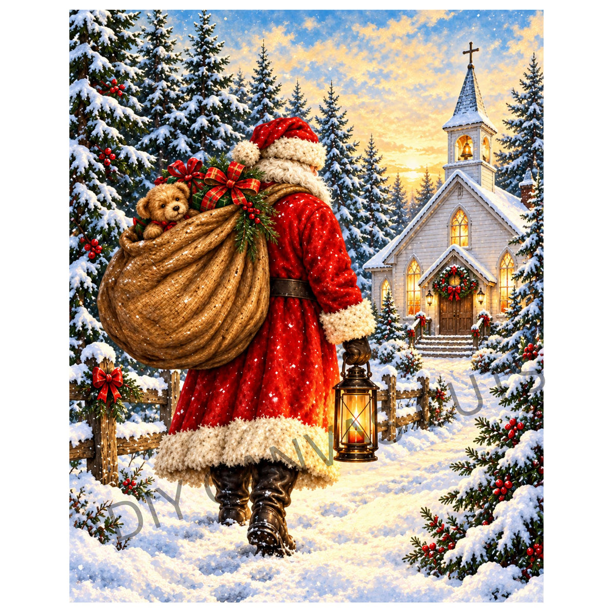Santa Christmas Journey to Church - Fine Art Canvas - Santa Claus