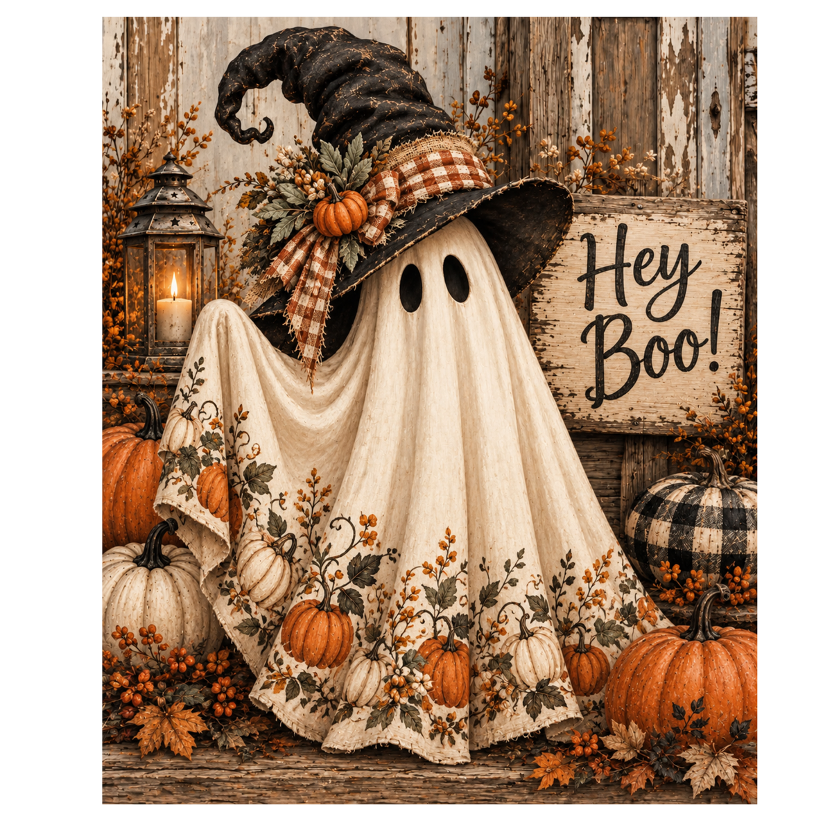 Hey Boo Halloween Ghost Primitive - Fine Art Canvas