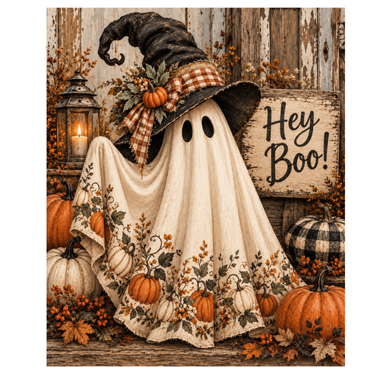 Hey Boo Halloween Ghost Primitive - Fine Art Canvas