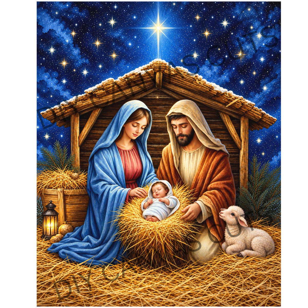 Blue Nativity Beneath the Bethlehem Star — Fine Art Canvas