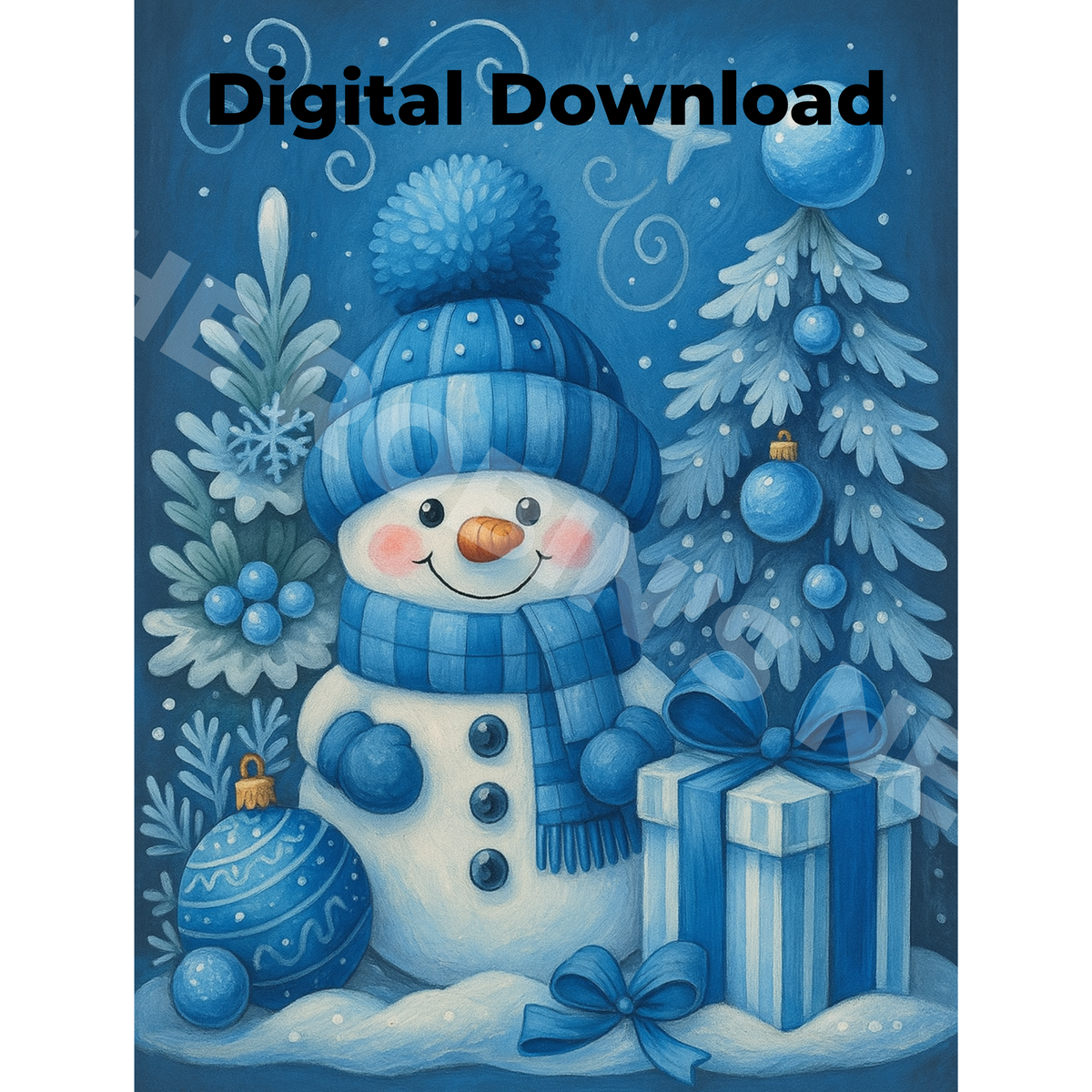 Blue Christmas Snowman Scene PDF & PNG ‑ Printable Craft Download