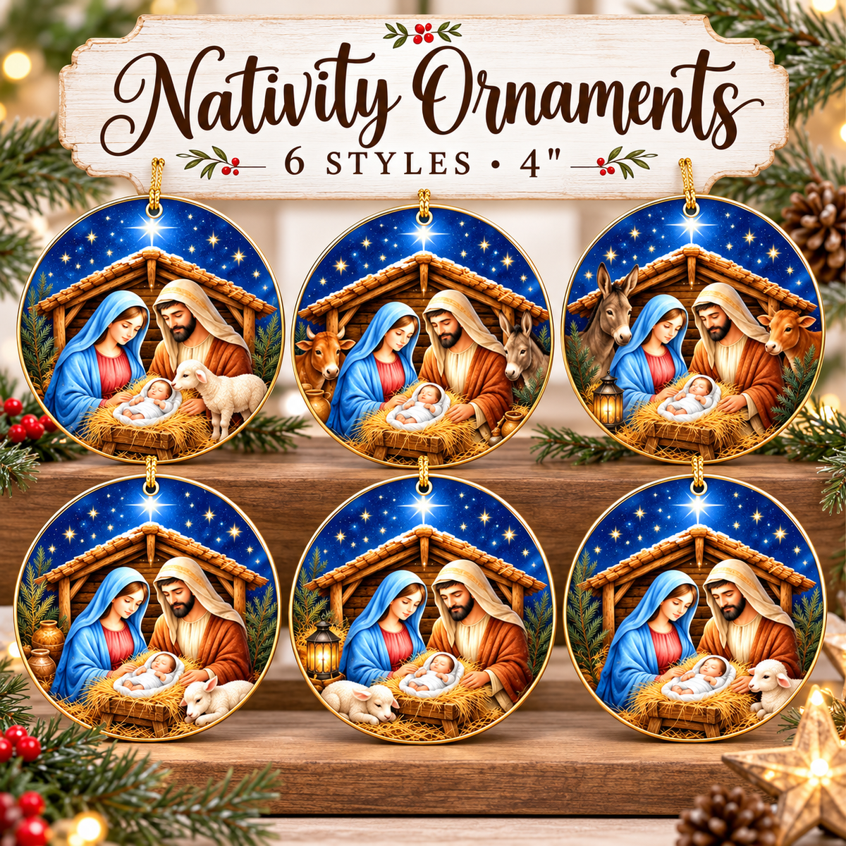 Nativity Ornaments Canvas Bundle - Set of 6 4" Fine Art Canvas Cuts