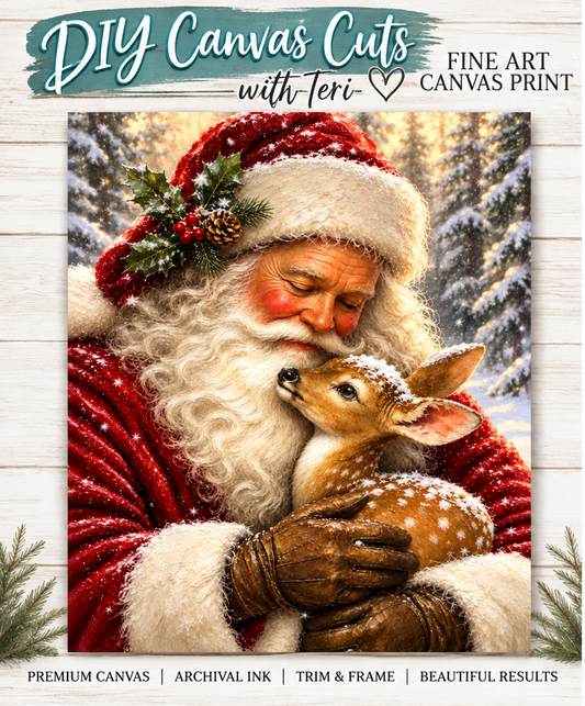 Santa Claus and Reindeer Christmas Print Fine Art Canvas for Framing
