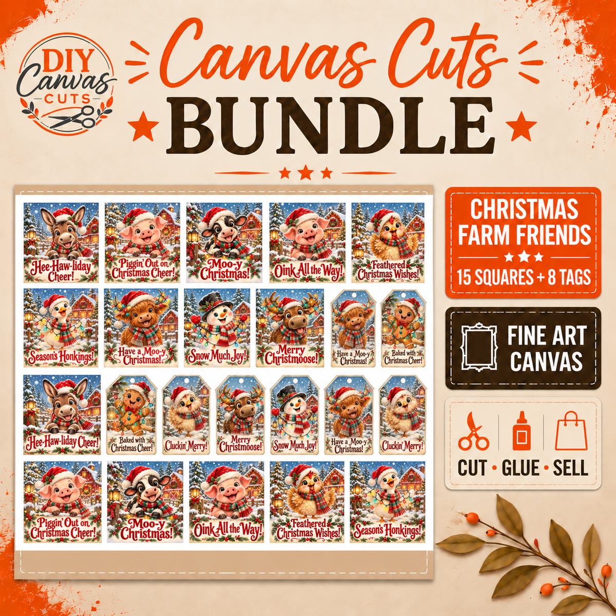Humorous Christmas Farm Animals Canvas Bundle Cow, Goose, Donkey - Craft Show Products - DIY Projects