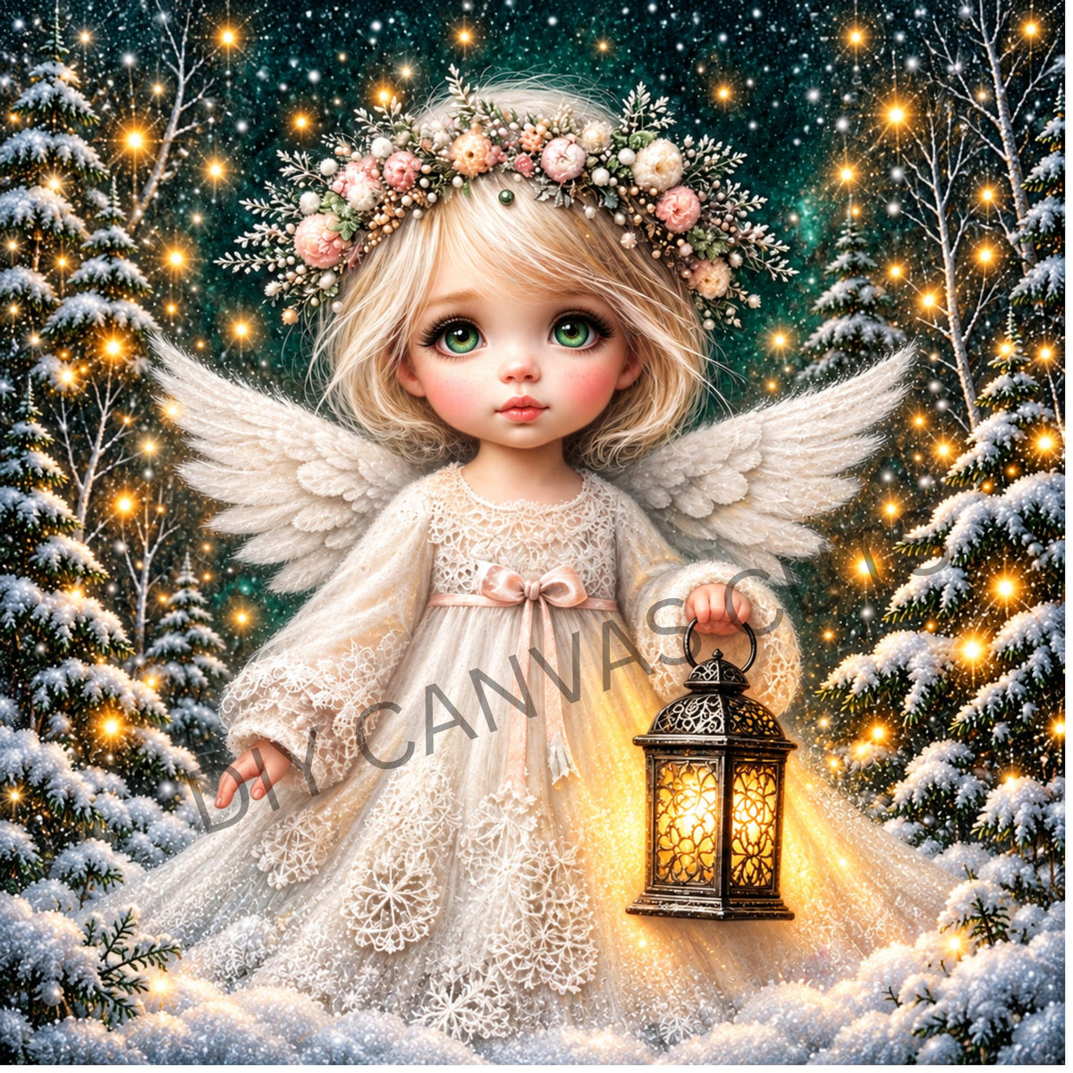 Winter Angel with Lantern - Fine Art Canvas Square Shape