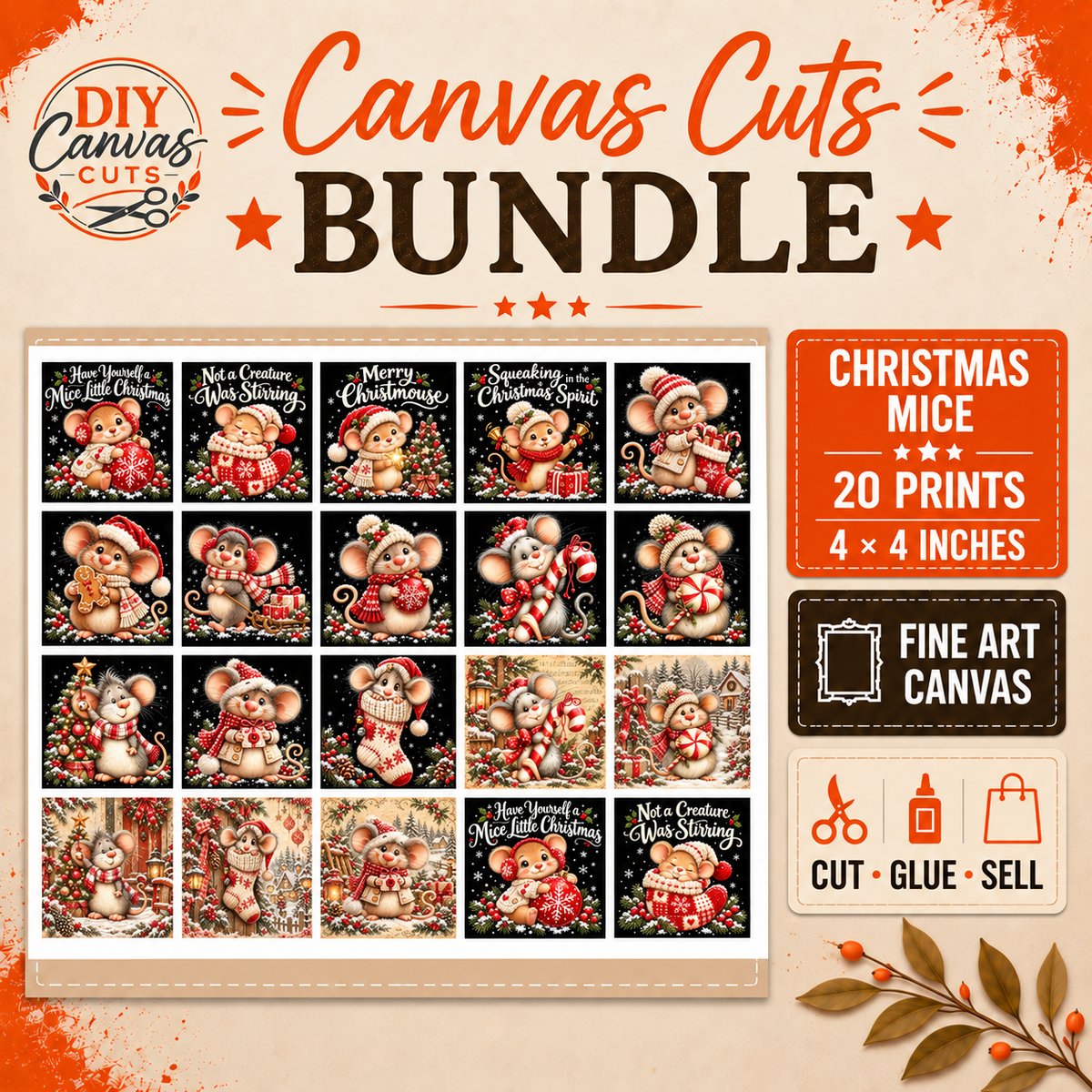 Christmas mouse square canvas bundle - 20 square mice prints, 4x4 inches