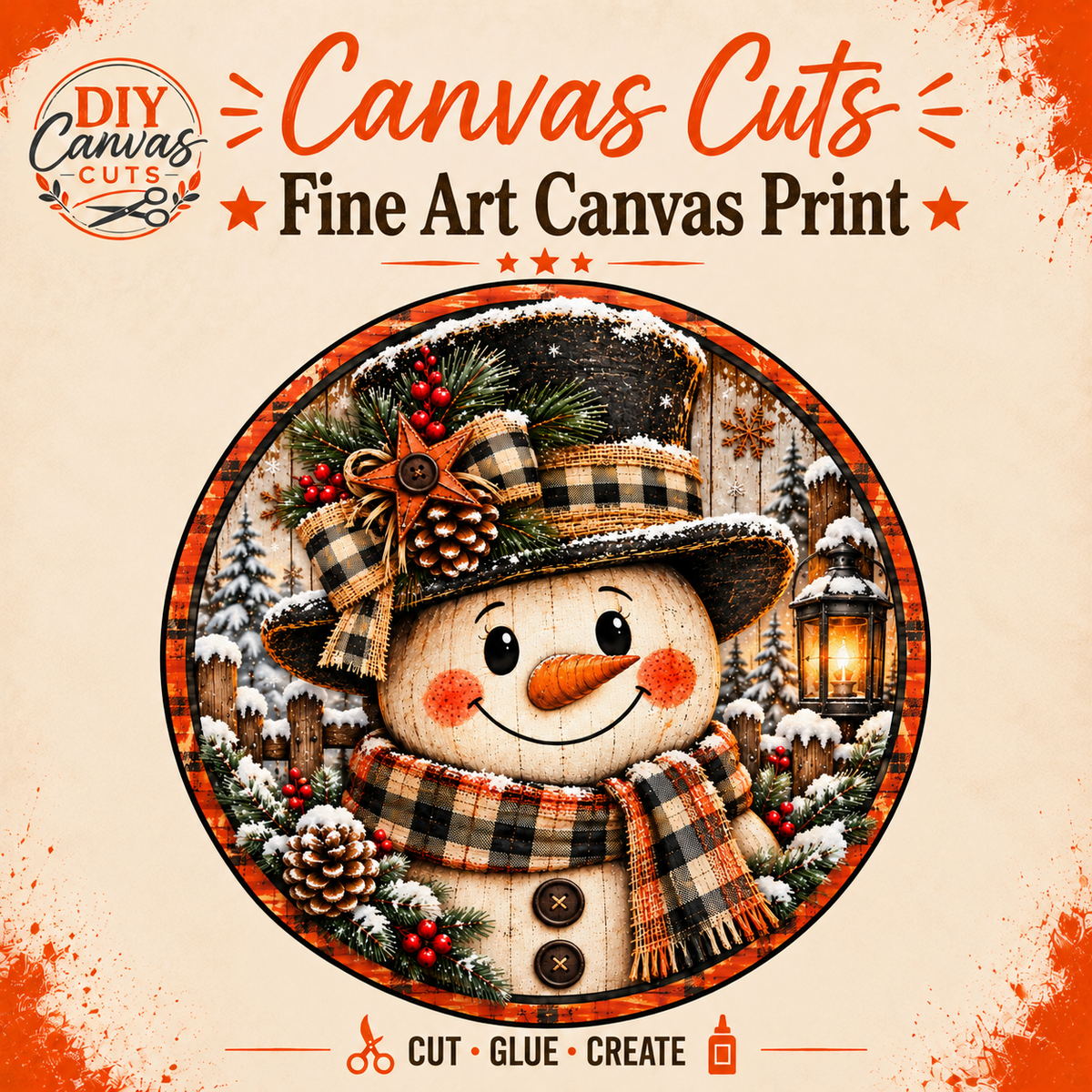 Snowman Round Christmas Canvas Print - No Bang Door Hanger - DIY Projects - Craft Show Products