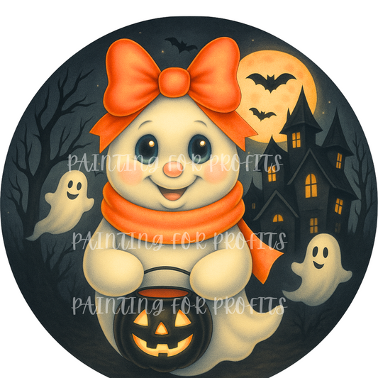 Rosie the Boo-tiful Bow Ghost Sign on Circle – Printed Fine Art Canvas for DIY Crafting, Halloween Décor & Craft Shows