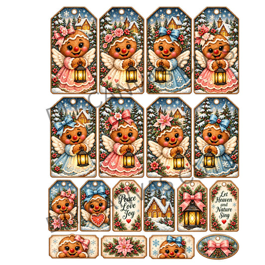Gingerbread Winter Angel Christmas Tags & Ephemera Set